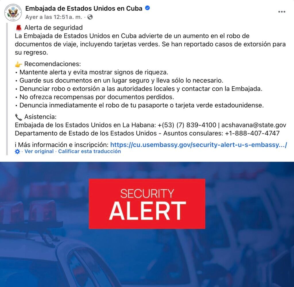 Embajada de EE.UU. emite alerta tras incremento de robos de "Green Card" en Cuba 3