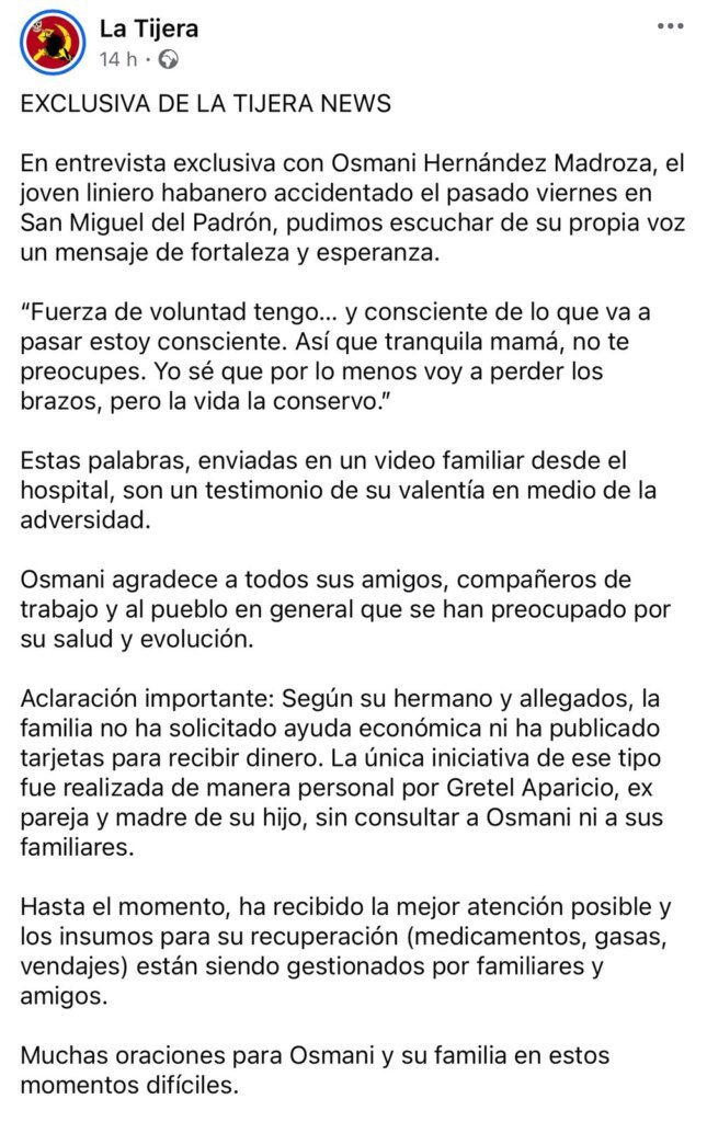 Liniero que sufrió accidente laboral en La Habana envía mensaje: "La vida la conservo" 3